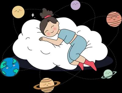 Girl asleep on a big smiling cloud surrounded by small planets