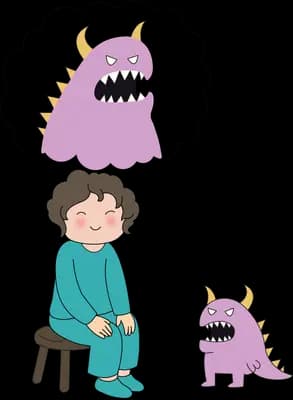 Girl sitting calmly on a stool between a huge roaring purple monster and a tiny one