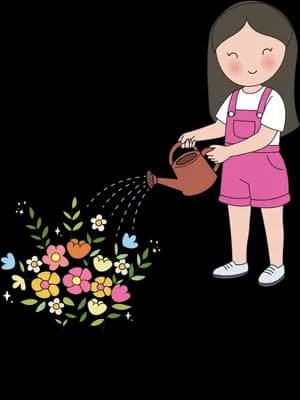 Girl in pink dungarees watering a grey shadow that is blooming into colourful flowers