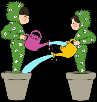 Two floating figures with leafy hair pouring watering cans into each other's plant pots