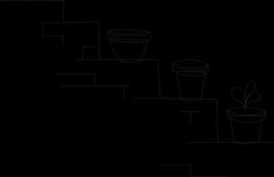 A faint line drawing of stepped ledges holding three plant pots, one with a small sprout