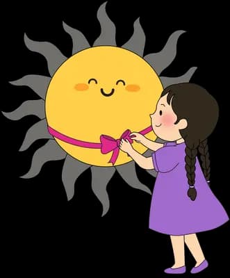 Girl in a purple dress tying a pink ribbon bow around a big smiling sun