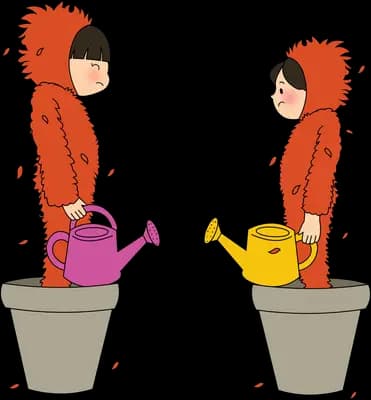 Two figures in red hooded cloaks bending over tall plant pots to pour watering cans into them