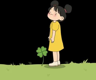 Girl in a yellow dress standing on grass looking down at a small four-leaf clover