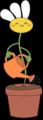 Smiling white daisy in a terracotta pot holding an orange watering can over its own roots