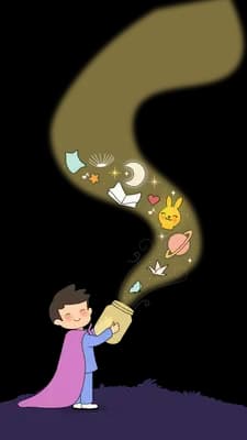 Boy in a purple cape kneeling as a golden swirl of light carrying stars and a creature rises from his hands