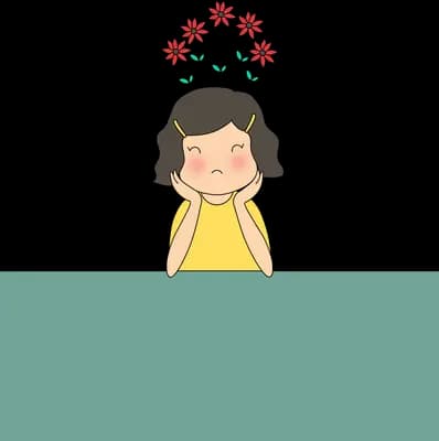 Girl with red flowers in her hair peeking over a teal banner block