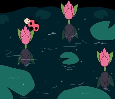 Large ladybug beside pink lotus buds reflected in a dark pond