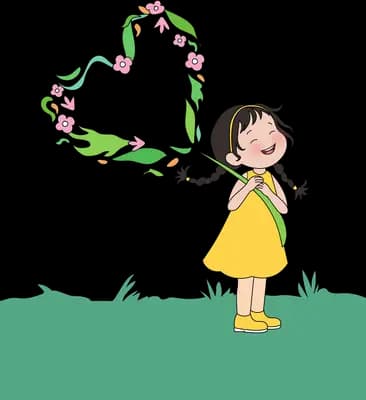 Girl in a yellow dress on grass singing as a floral ribbon curls above her
