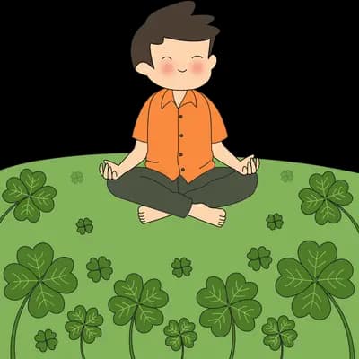 Boy in an orange shirt sitting cross-legged meditating on a field of clover