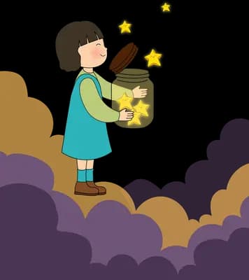 Girl standing on a golden ledge above purple clouds holding a jar of glowing stars