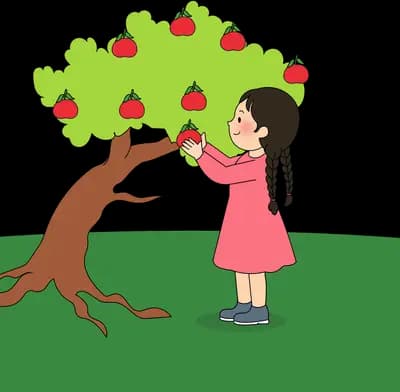 Girl in pink taking a pear from a low leaning fruit tree