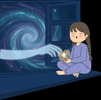 Glowing wisp reaching in through the window to a girl seated with her teddy