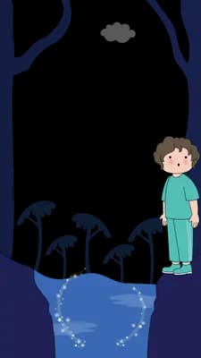 Boy standing on the jaw of a giant whale looking down at the water below
