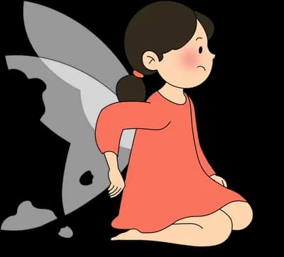 Winged fairy girl kneeling and pulling her red cape around her
