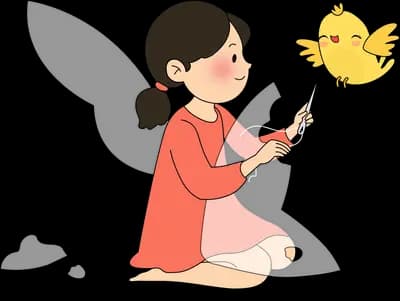 Winged fairy girl holding out a finger for a yellow chick to perch on