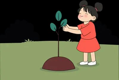 Girl in a red dress tending a young sapling on a mound of soil before green hills