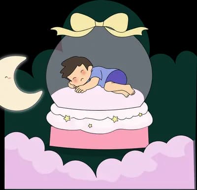 Boy sleeping on top of a glass snow globe with a yellow bow beside a crescent moon