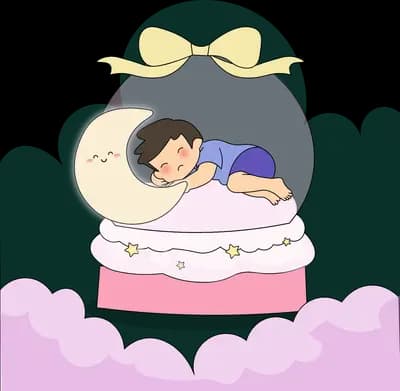 Boy asleep over a glass dome topped with a bow on pink clouds beside a crescent moon