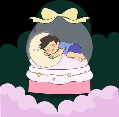 Boy napping on a bow-tied glass globe floating on pink clouds with a crescent moon