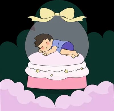Boy sleeping on a glass snow globe with a bow amid pink clouds and a crescent moon