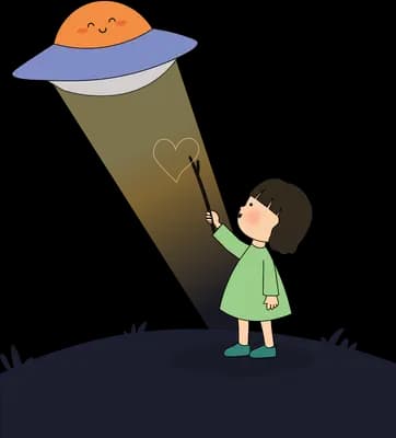 Girl on a dark hill pointing a stick at a flying saucer shining a beam down on her