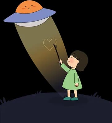 Girl reaching up toward a ufo whose light beam falls across the dark hill