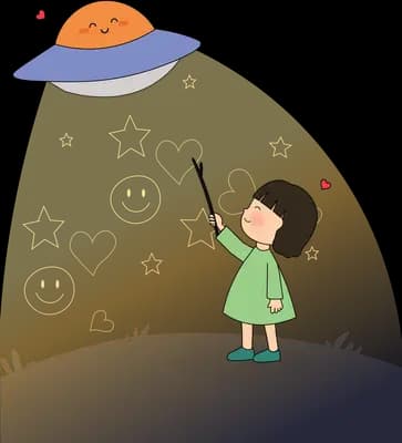 Girl standing in a wide ufo spotlight on a hill reaching a stick toward the ship