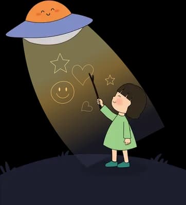 Girl on a dark hill raising a stick into the beam of a hovering flying saucer
