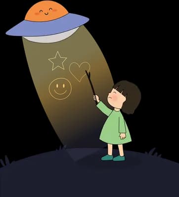 Girl standing on a dark hill looking up at a ufo shining a light on her