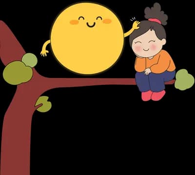 Child in an orange jumper straddling a branch beside a smiling sun and green leaves
