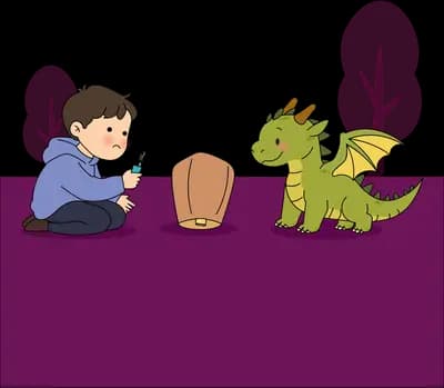 Boy with a paper lantern beside a small green dragon under pink blossom trees