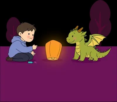 Boy and a green dragon beside a glowing sky lantern on purple ground