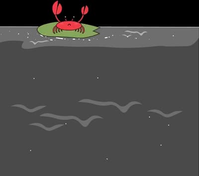 A tiny red crab riding a green leaf on an otherwise empty field