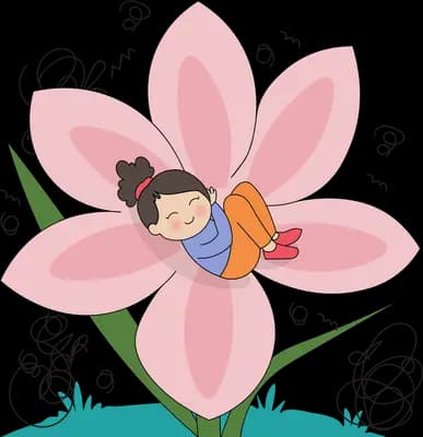 Boy curled asleep inside a large pink blossom with insects buzzing around