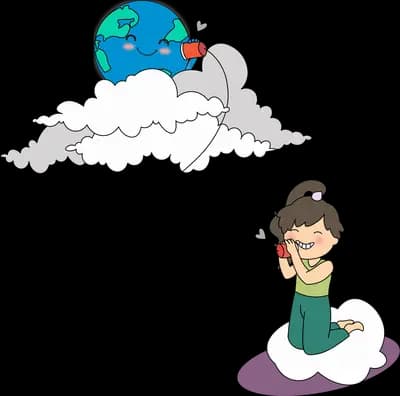 Boy sitting on a cloud watching a blue cloud creature trail a ghostly whale
