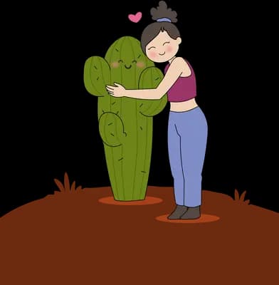 Woman wrapping her arms around a tall prickly cactus