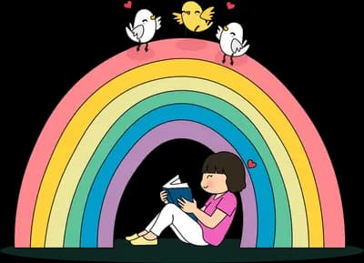 Girl sliding down under a pastel rainbow with birds perched on top