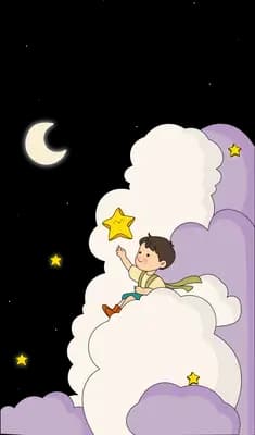 Girl perched on a cloud beside a crescent moon and stars