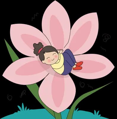 Tiny girl curled inside the petals of a huge pink flower with ants below