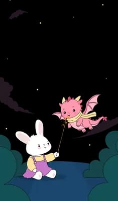 Pink dragon with a wand hovering over a teal bed with a small bear