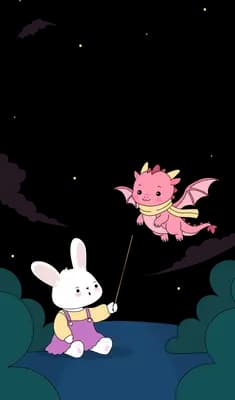 Pink dragon flying above a teal bed while a bear sits on the covers