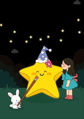 Girl decorating a big yellow star with flowers under hanging lights