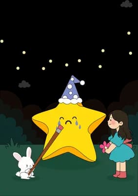 Girl offering a bunch of flowers to a smiling star in a party hat