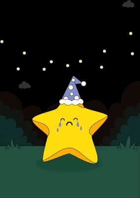 Smiling yellow star wearing a party hat alone under string lights