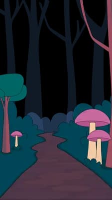 A pink umbrella left lying on an empty dark forest path