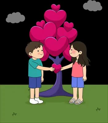 Boy holding a heart picked from a pink heart tree beside a girl