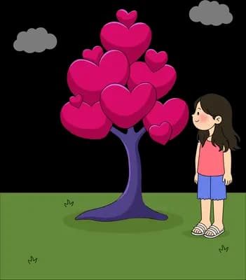 Girl standing alone beside a tall pink heart shaped tree