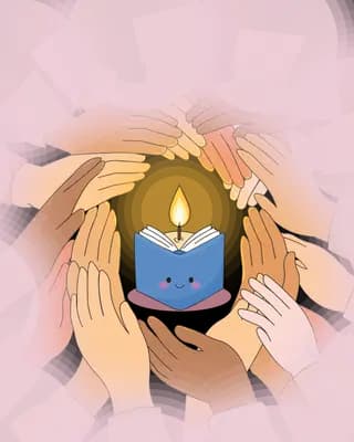 Cupped hands sheltering a smiling blue candle on a soft pink background