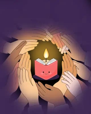 Cupped hands sheltering a smiling red candle on a dark purple background